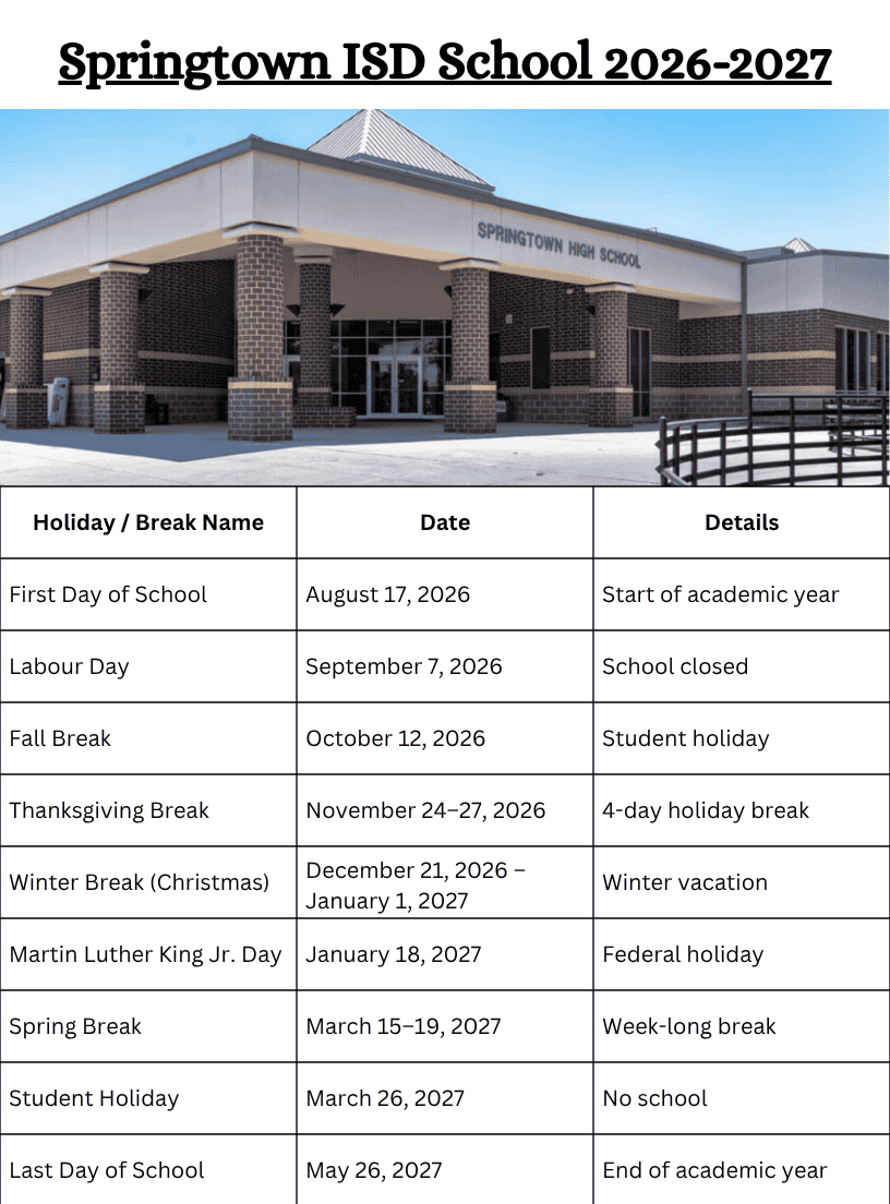 Spring Isd Spring Break 2026 Springtown ISD School Calendar 2026β2027 with Holidays