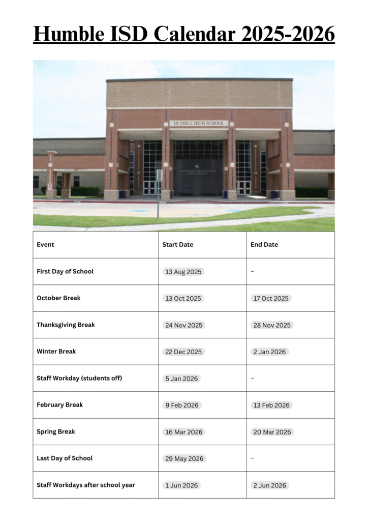 Humble ISD Calendar 2025-2026