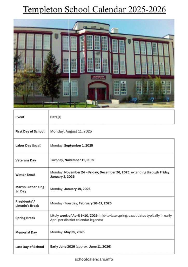 Templeton School Calendar
