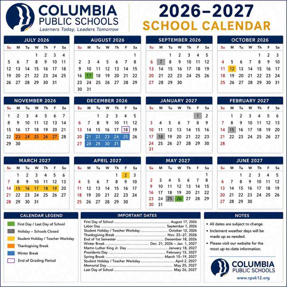 Columbia Public Schools Calendar