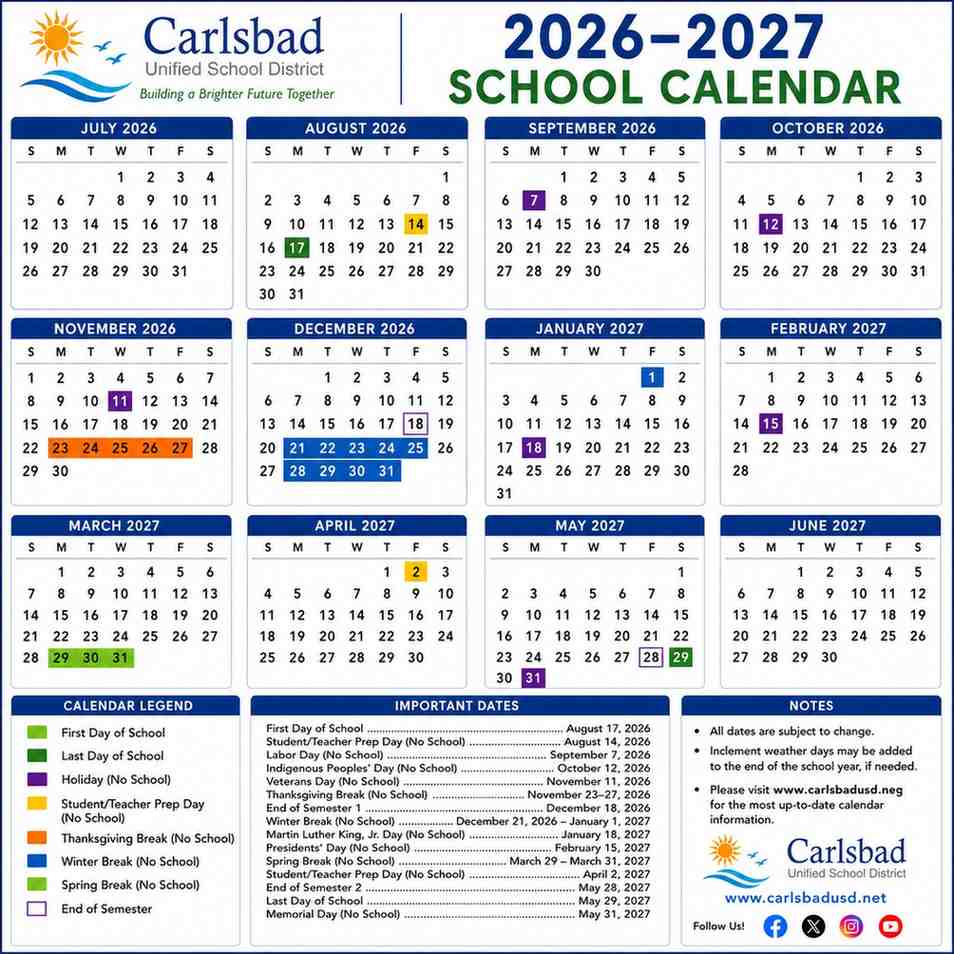 Carlsbad Unified School District Calendar
