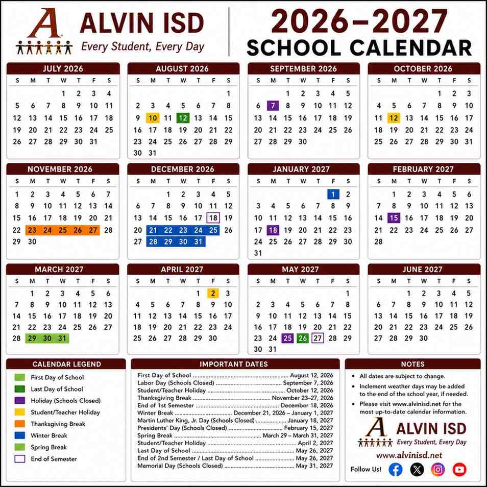 Alvin ISD School Calendar